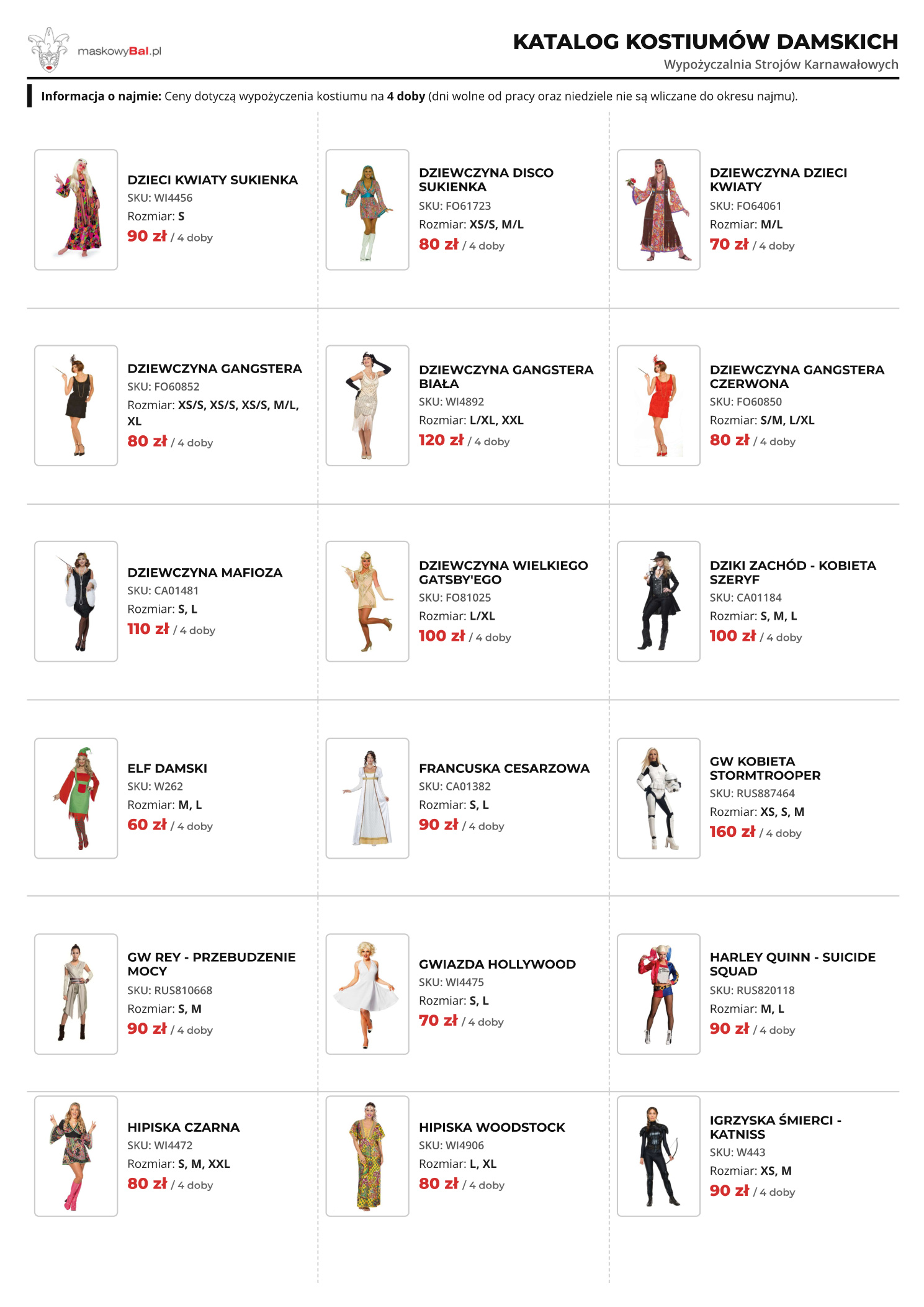 Katalog damski wypożyczalni strojów Maskowy Bal